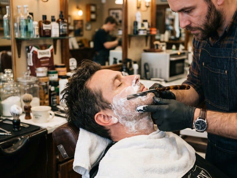 Afeitado de barbas en la barbería de Caldas de Reis