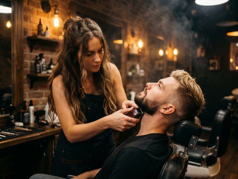 Arreglo de barbas en la barbería de Caldas de Reis